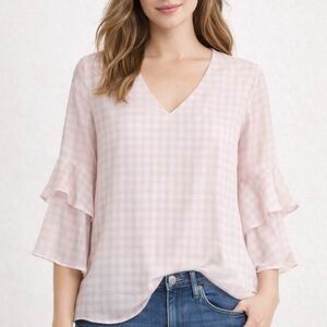 Calvin Klein Women’s Pink Gingham Blouse V-Neck Ruffle Sleeve Sheer Top Size M